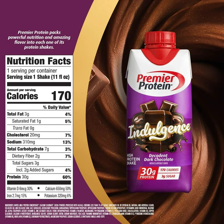 Premier Protein Indulgence Protein Shake, Decadent Dark Chocolate, 30g Protein, 11 fl oz, 4 Ct