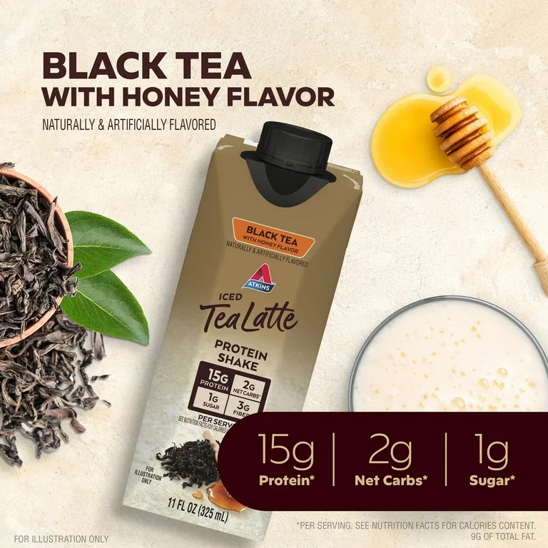 Atkins Black Tea with Honey flavored Protein Latte Shake, Ready to Drink, Made with Real Tea, Low Sugar, 4 Count