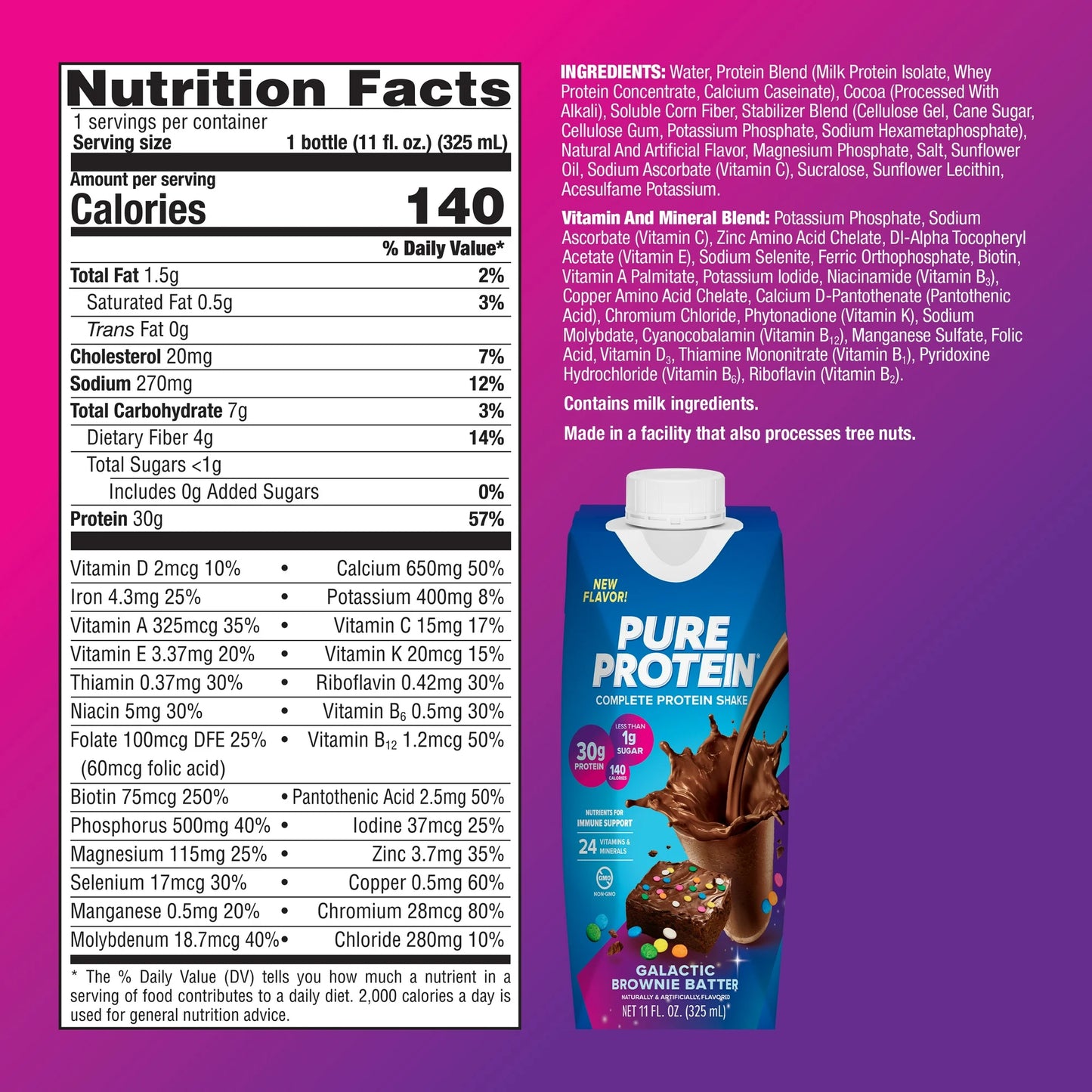 Pure Protein, Galactic Brownie Batter Complete Protein Shake, 30g Protein, 11 fl oz, 4 Ct