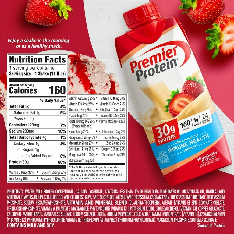 Premier Protein Shake, Strawberries & Cream, 30g Protein, 11 Fl Oz, 4 Ct