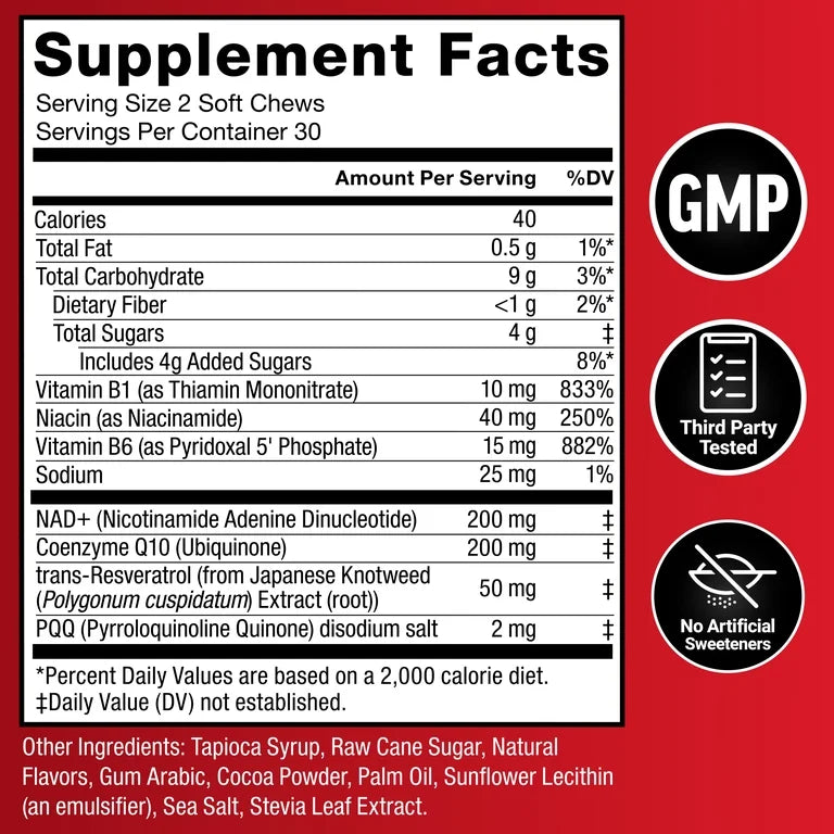 Force Factor NAD+ Longevity, Healthy Aging NAD Supplement, Resveratrol & Nicotinamide for Cellular Energy & Cognitive Health, Chocolate, 60 Soft Chews