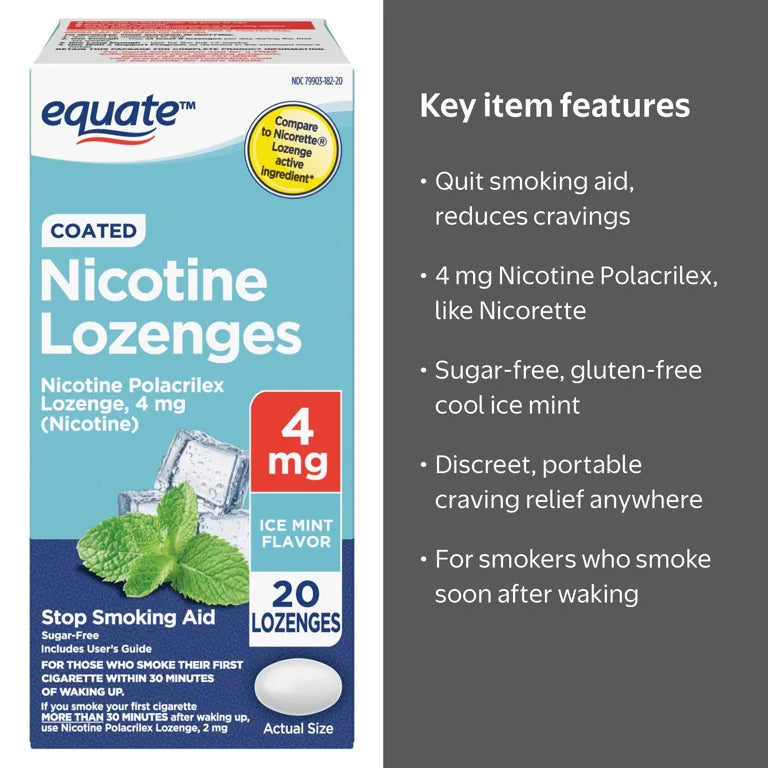 Equate Coated Nicotine Polacrilex Lozenges, 4 mg Ice Mint Flavor, Stop Smoking Aid, 20 Count