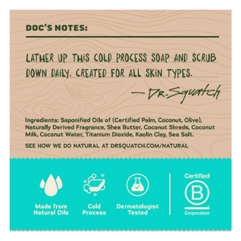 Dr. Squatch Men's Soap, Natural Bar Soap for Men, Coconut Castaway, 5 oz