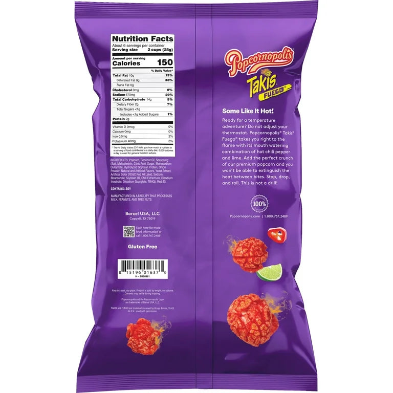 Popcornopolis Fuego Takis 6 oz Bag, Hot Chili Pepper & Lime Popcorn