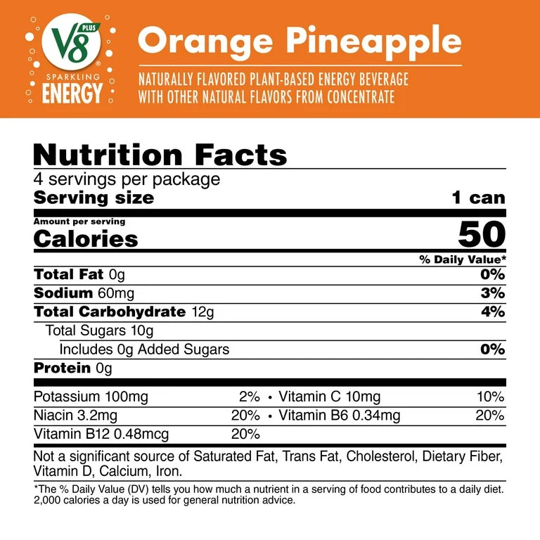 V8 +Energy Sparkling Orange Pineapple Juice Energy Drink, 11.5 fl oz Can, 4 Count