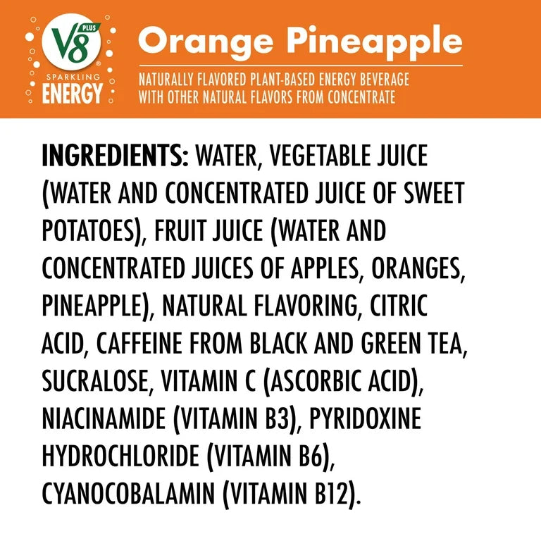 V8 +Energy Sparkling Orange Pineapple Juice Energy Drink, 11.5 fl oz Can, 4 Count