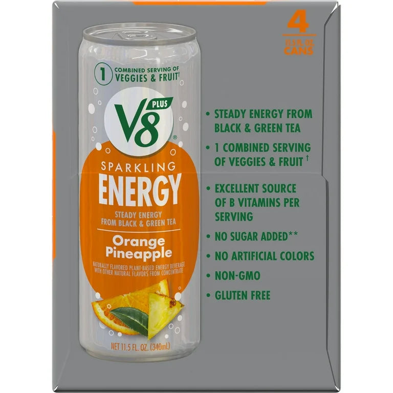 V8 +Energy Sparkling Orange Pineapple Juice Energy Drink, 11.5 fl oz Can, 4 Count