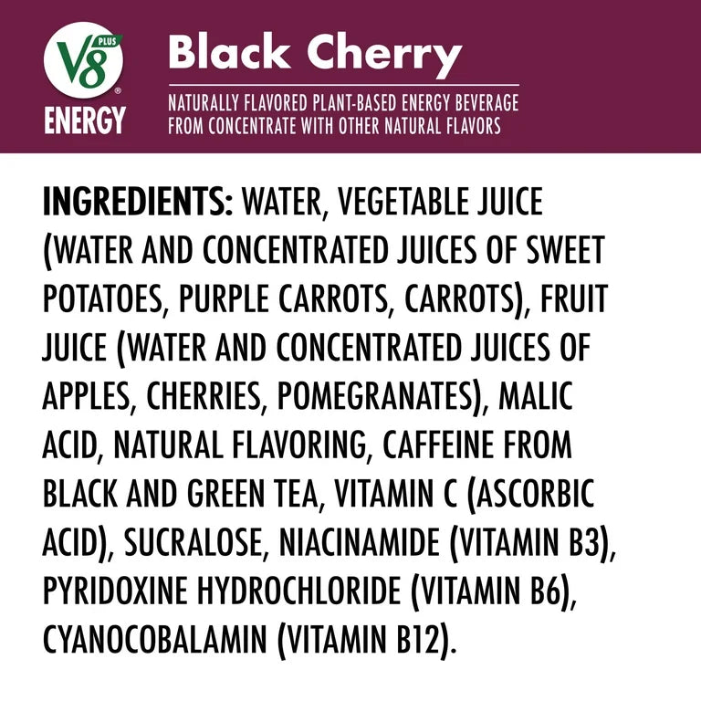 V8 +Energy Black Cherry Juice Energy Drink, 8 fl oz Can, 6 Count