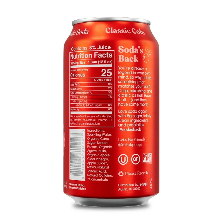 Poppi Classic Cola Prebiotic Soda, 12 oz