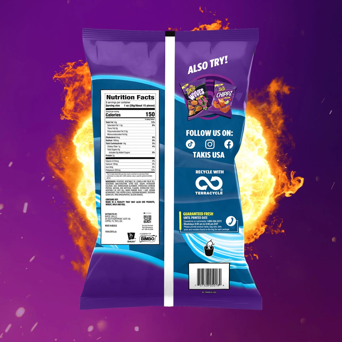 Takis Blue Heat Waves 8oz Bag, Hot Chili Pepper Wavy Potato Chips