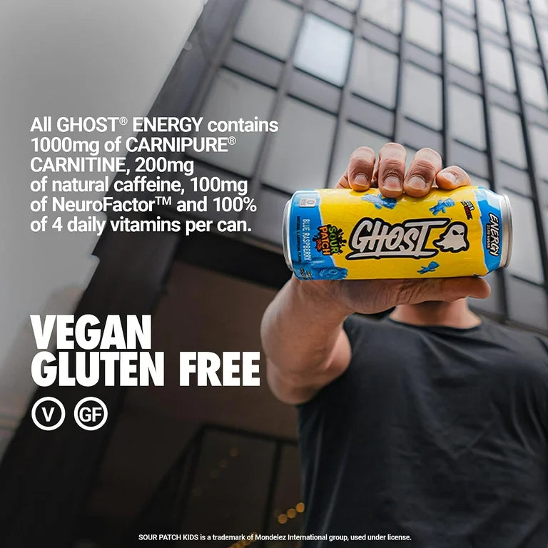 GHOST ENERGY Zero Sugars Energy Drink, SOUR PATCH KIDS Blue Raspberry, 16 fl oz Can