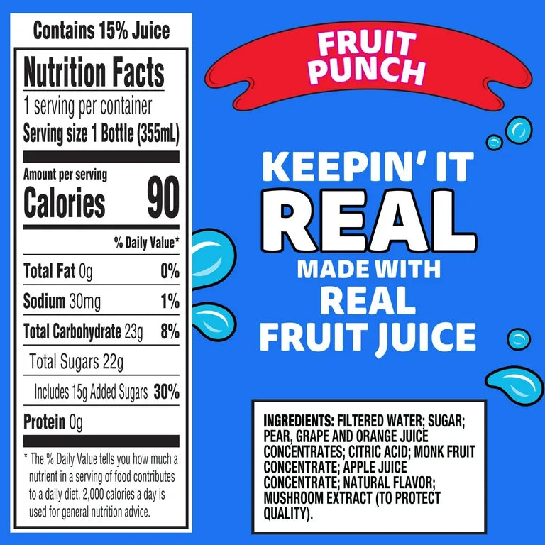 Capri Sun Fruit Punch Flavored Juice Drink Blend with other natural flavor, 12 fl oz Bottle
