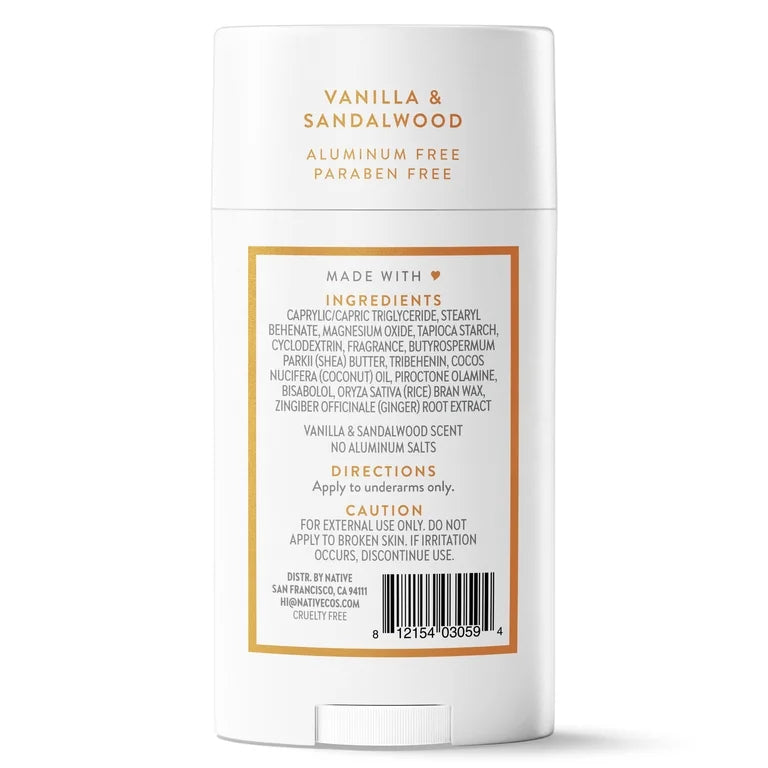 Native Deodorant, Aluminum Free, Vanilla & Sandalwood, for Women and Men, 2.65 oz