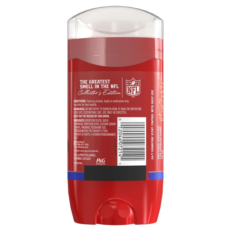 Old Spice Men's Aluminum Free Deodorant , NFL Collection, Matthew Stafford, Scent of Cedarwood + Clutch, 24/7 Signature Scent, Lasting Freshness, 3.0 oz