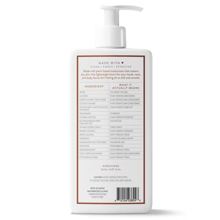 Native Moisturizing Body Lotion, Dermatologist Tested for Sensitive Skin, for Women & Men, Coconut & Vanilla, 16.5 fl oz