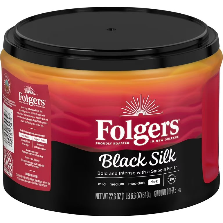 Folgers Black Silk Ground Coffee, Dark Roast, 22.6 oz Canister