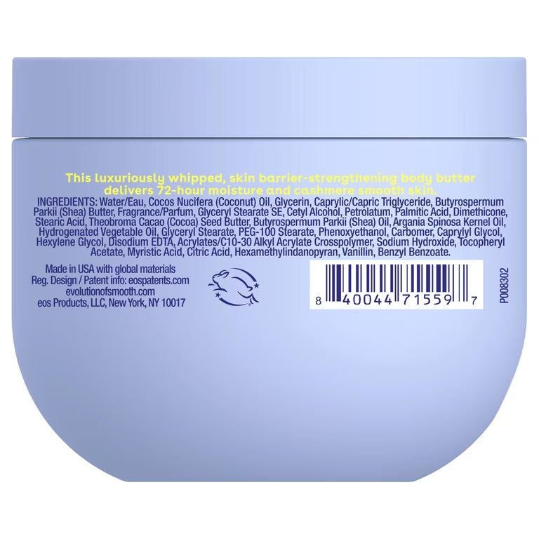 eos Vanilla Cashmere Whipped Body Butter, 72 Hour Moisturizing Body Butter for Dry Skin with Shea, Cocoa & Argan Oil, 12 oz