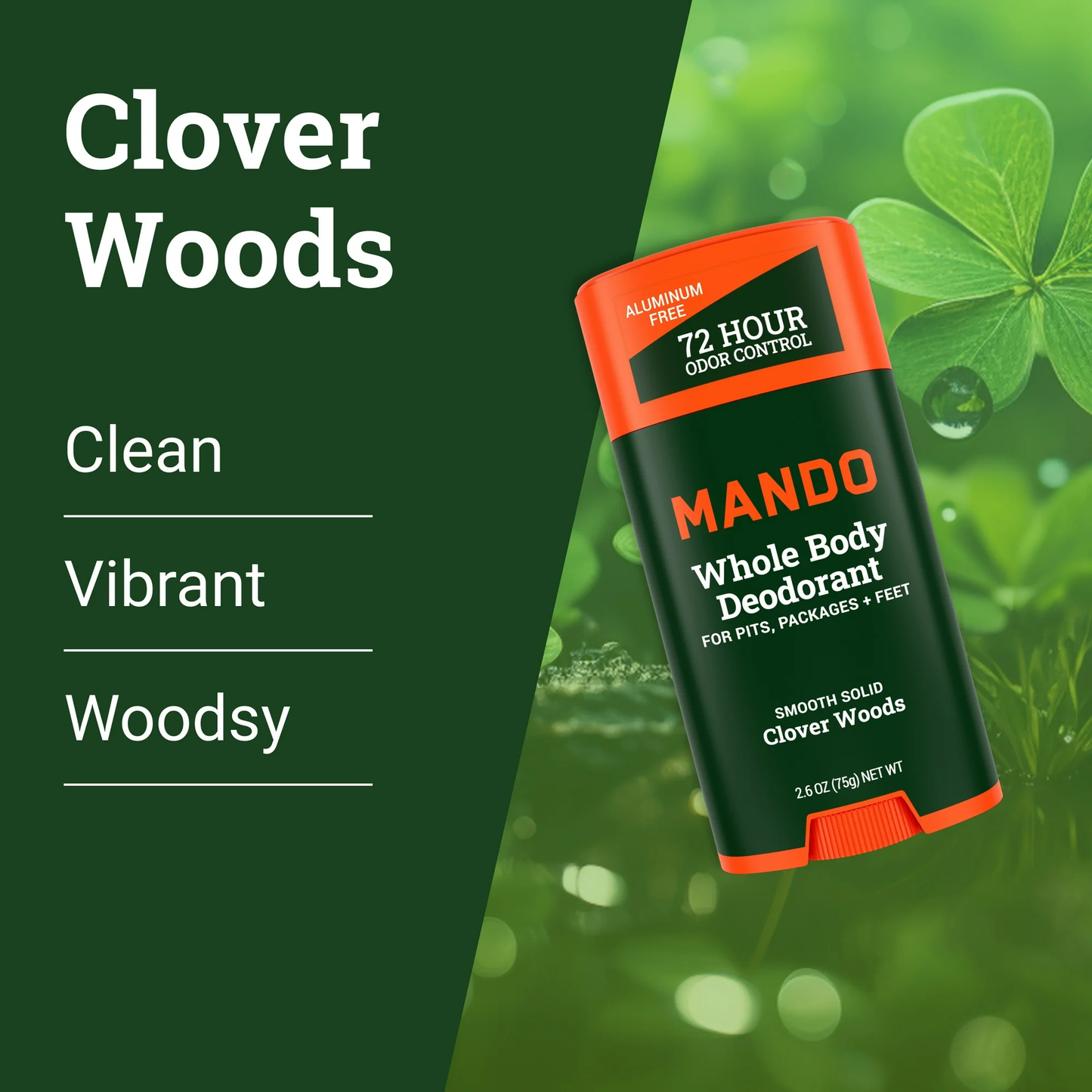Mando Deodorant Stick for Men, Smooth Solid, Aluminum Free, Clover Woods Scent, 2.6 oz
