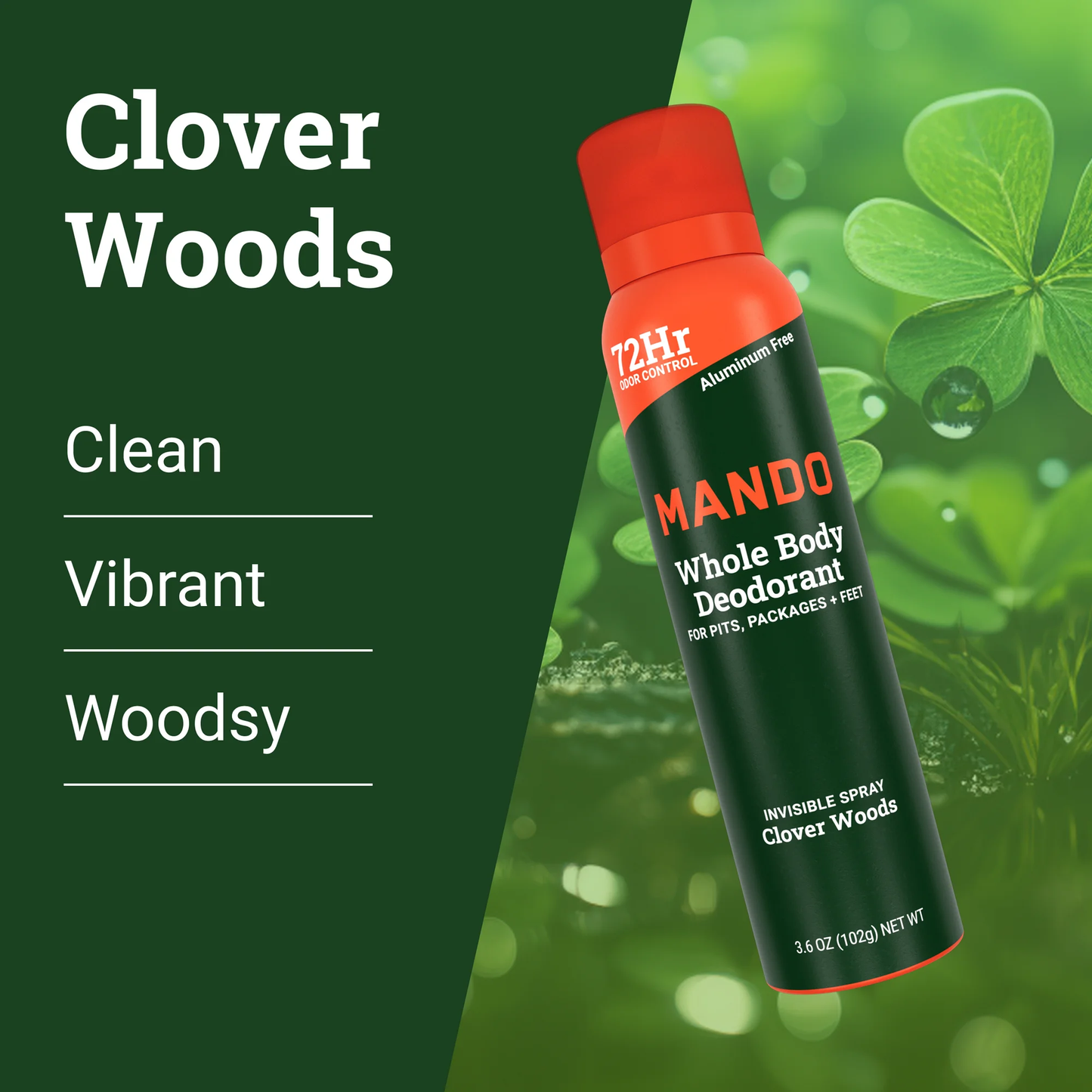 Mando Deodorant Spray for Men, Aluminum Free, Clover Woods Scent, 3.6 oz