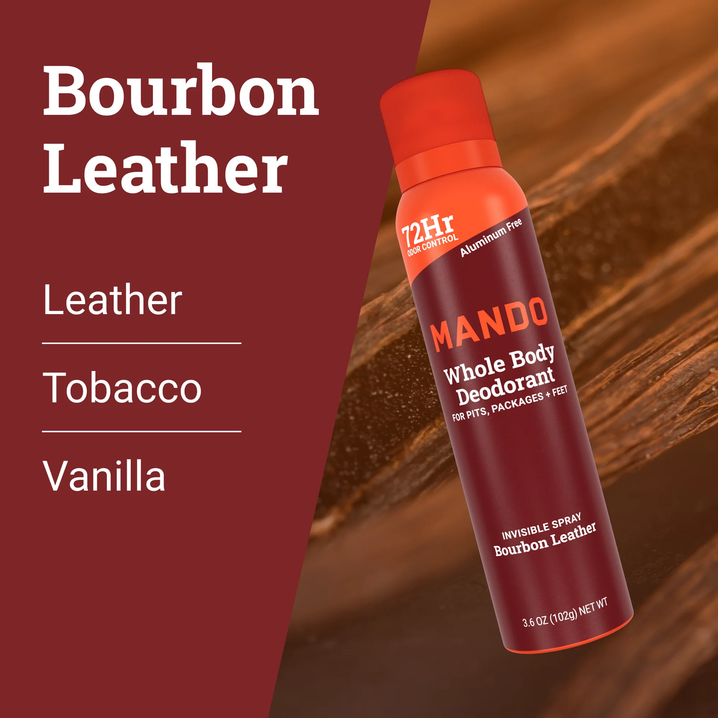 Mando Deodorant Spray for Men, Aluminum Free, Bourbon Leather Scent, 3.6 oz