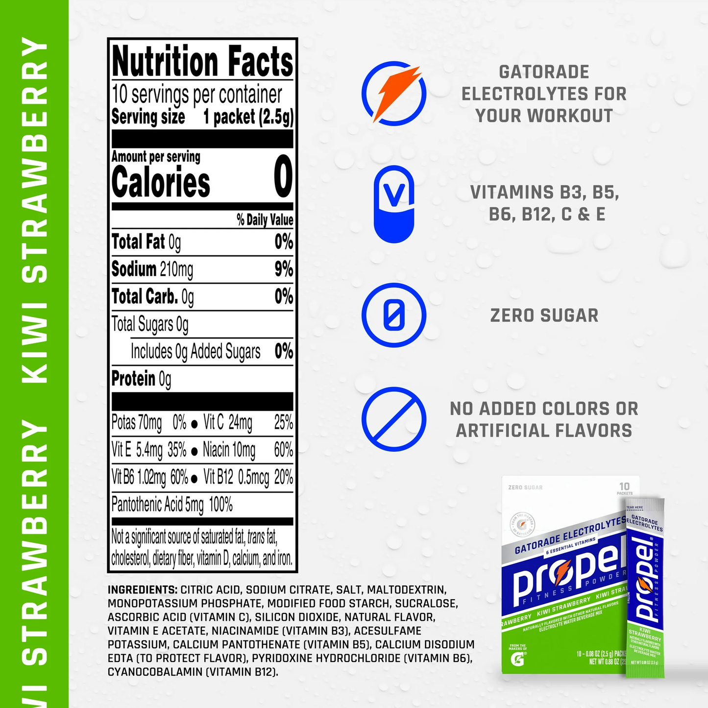 Propel Electrolyte Enhanced Water Drink Mix Powder Packets, Kiwi Strawberry, Zero Calorie & Zero Sugar Hydration with Electrolytes and Vitamins C & E, (10 Packets)