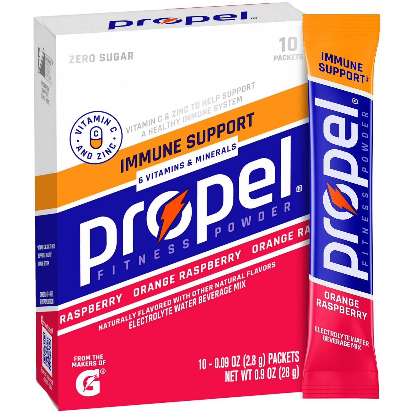 Propel Immune Support Electrolyte Orange Raspberry, Powered Energy Drink Mix Powder, 0.9 oz, 10 Count Packets
