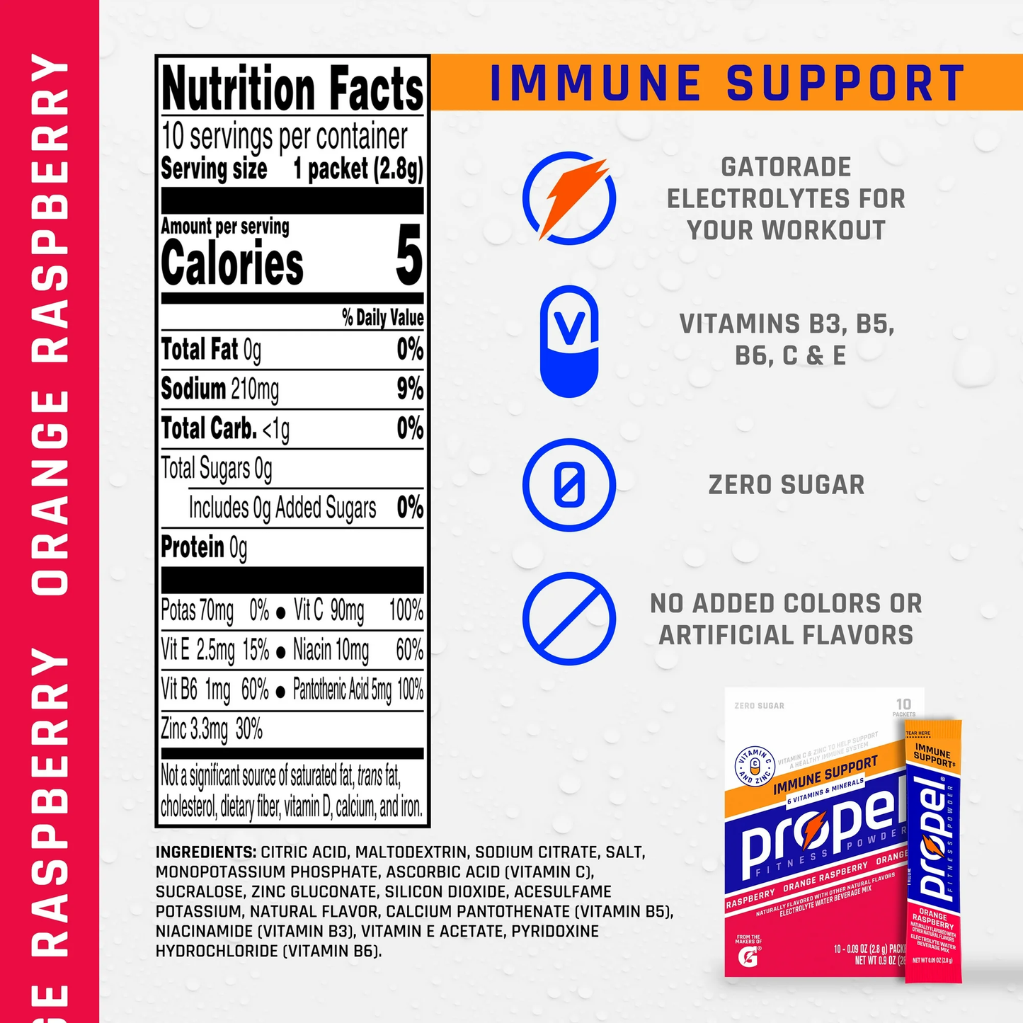 Propel Immune Support Electrolyte Orange Raspberry, Powered Energy Drink Mix Powder, 0.9 oz, 10 Count Packets
