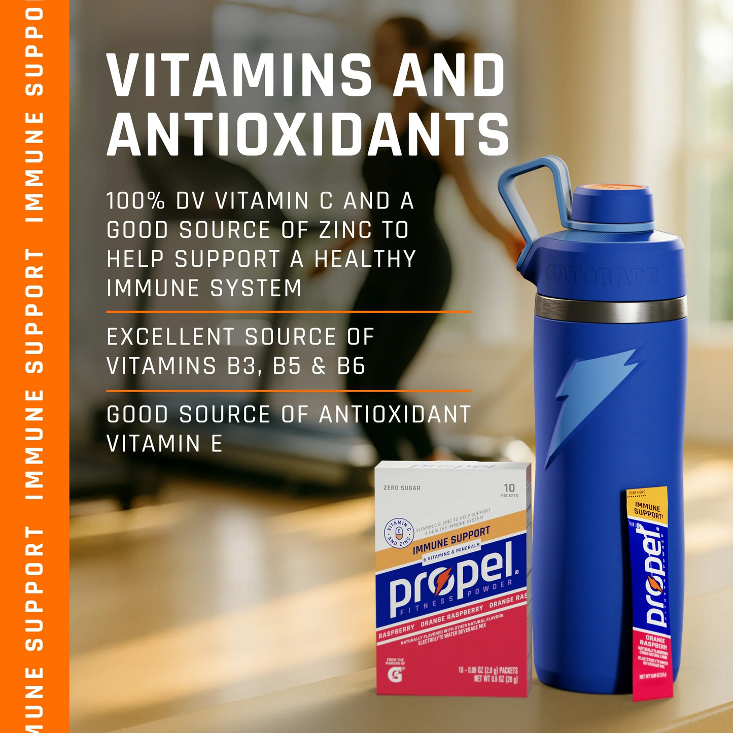 Propel Immune Support Electrolyte Orange Raspberry, Powered Energy Drink Mix Powder, 0.9 oz, 10 Count Packets