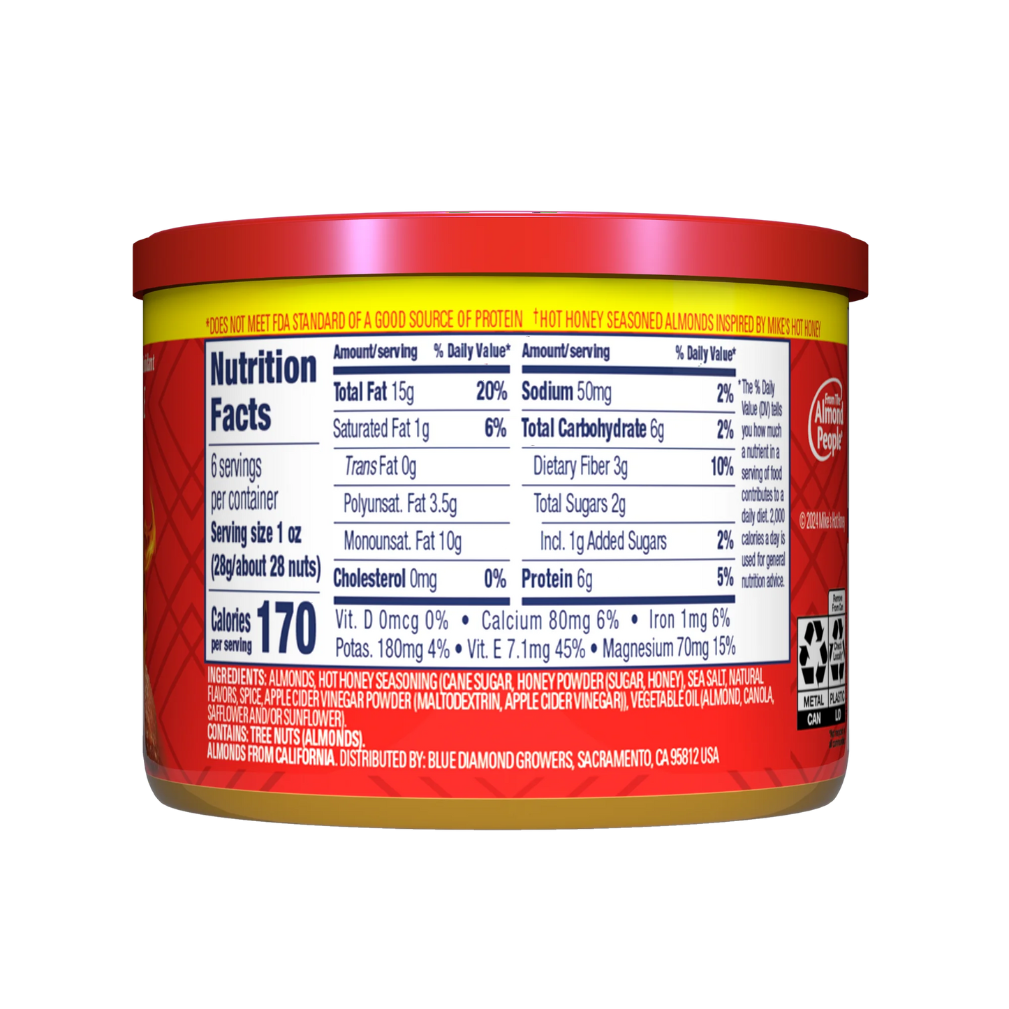 Blue Diamond Almond, Mikes Hot Honey Almonds Flavored Snack Nuts, 6 oz. Resealable Can