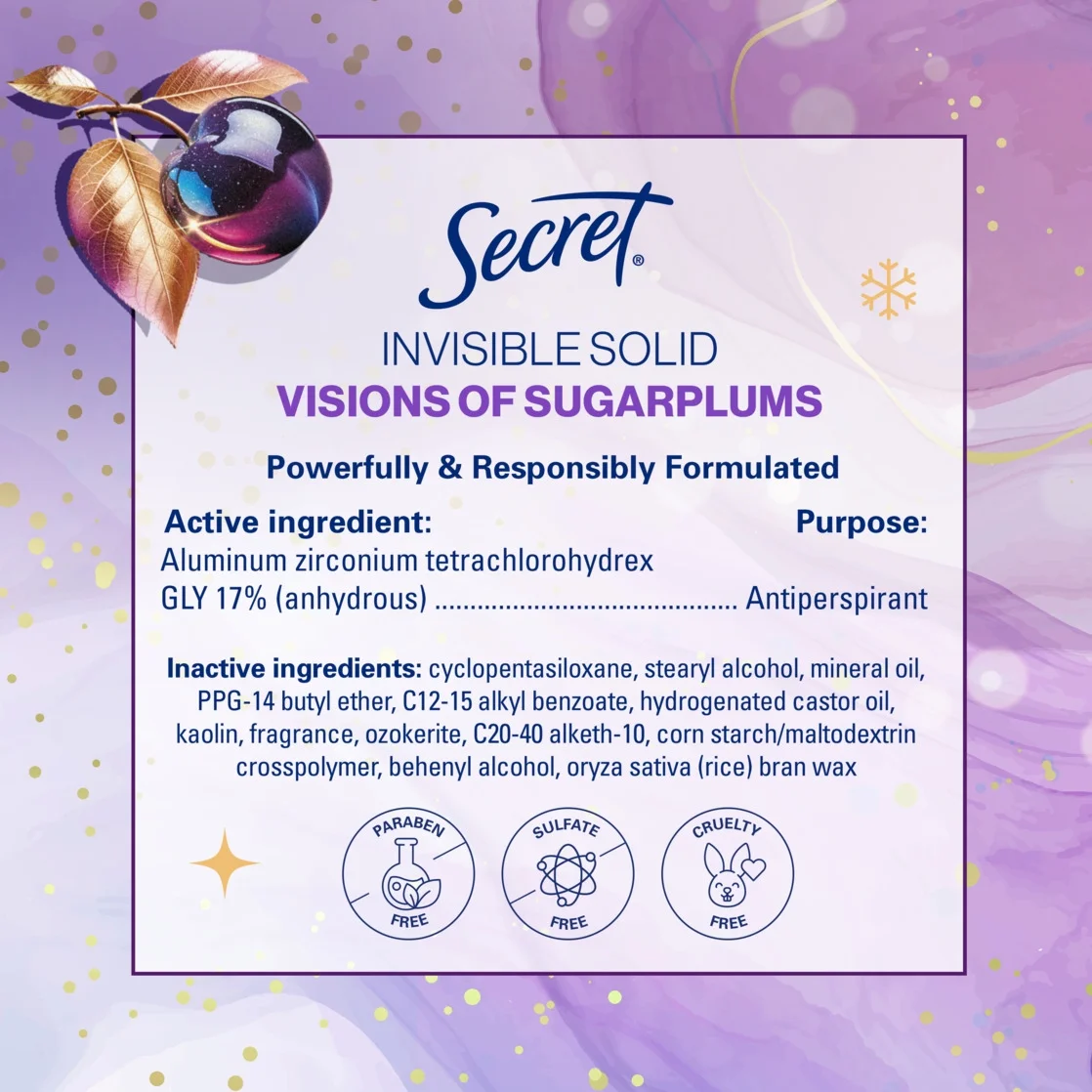 Secret Fresh Invisible Solid Antiperspirant and Deodorant for Women, Sugarplum 2.6 oz