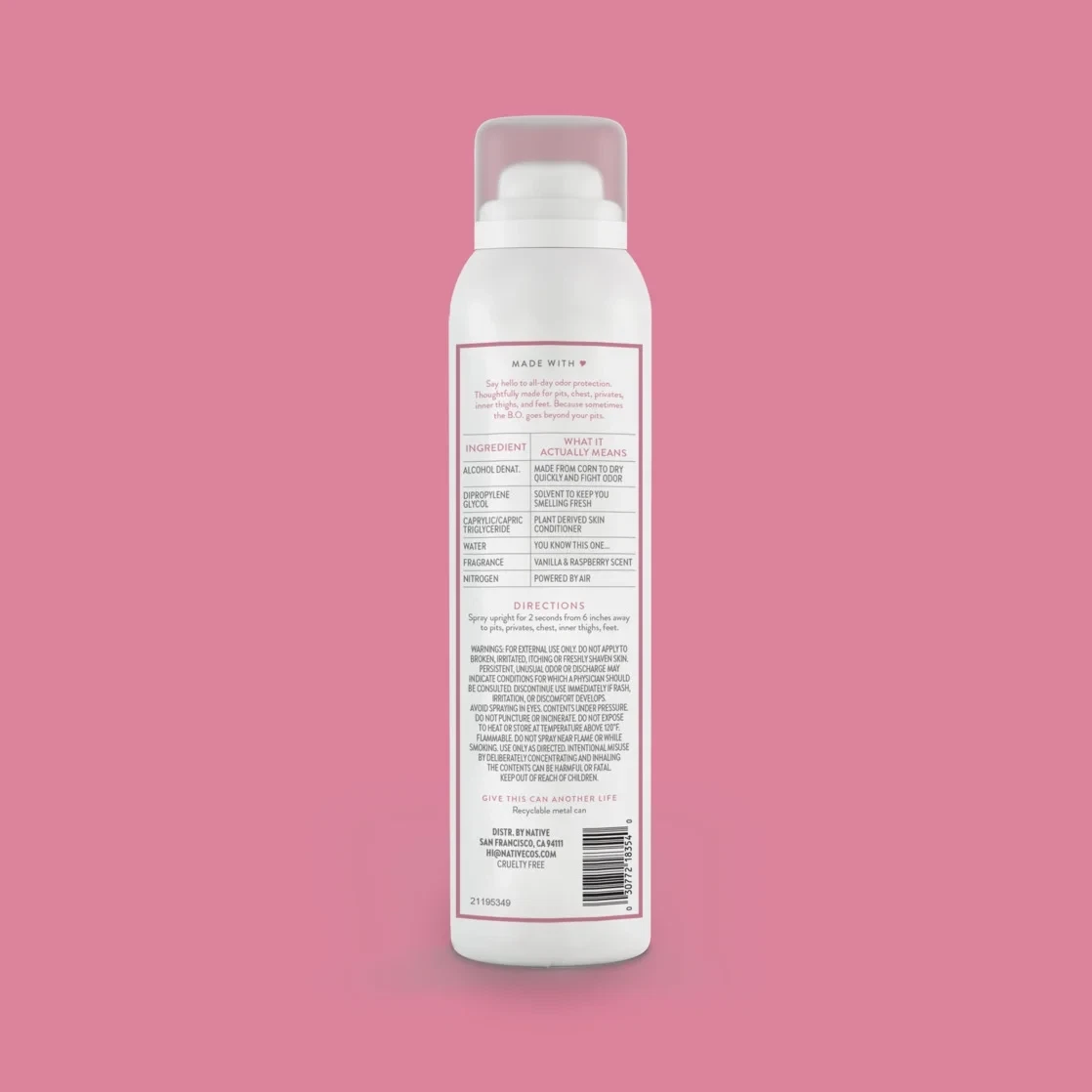 Native Deodorant, Aluminum Free, Sensitive Whole-Body Spray Deodorant Vanilla & Raspberry Scent 3.5 oz