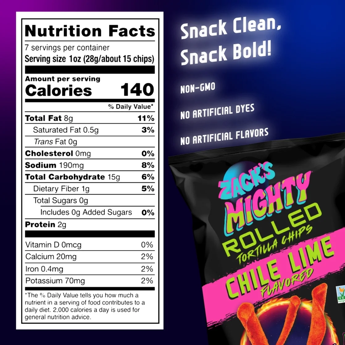 Zack's Mighty Chile Lime Rolled Tortilla Chips, 7 oz