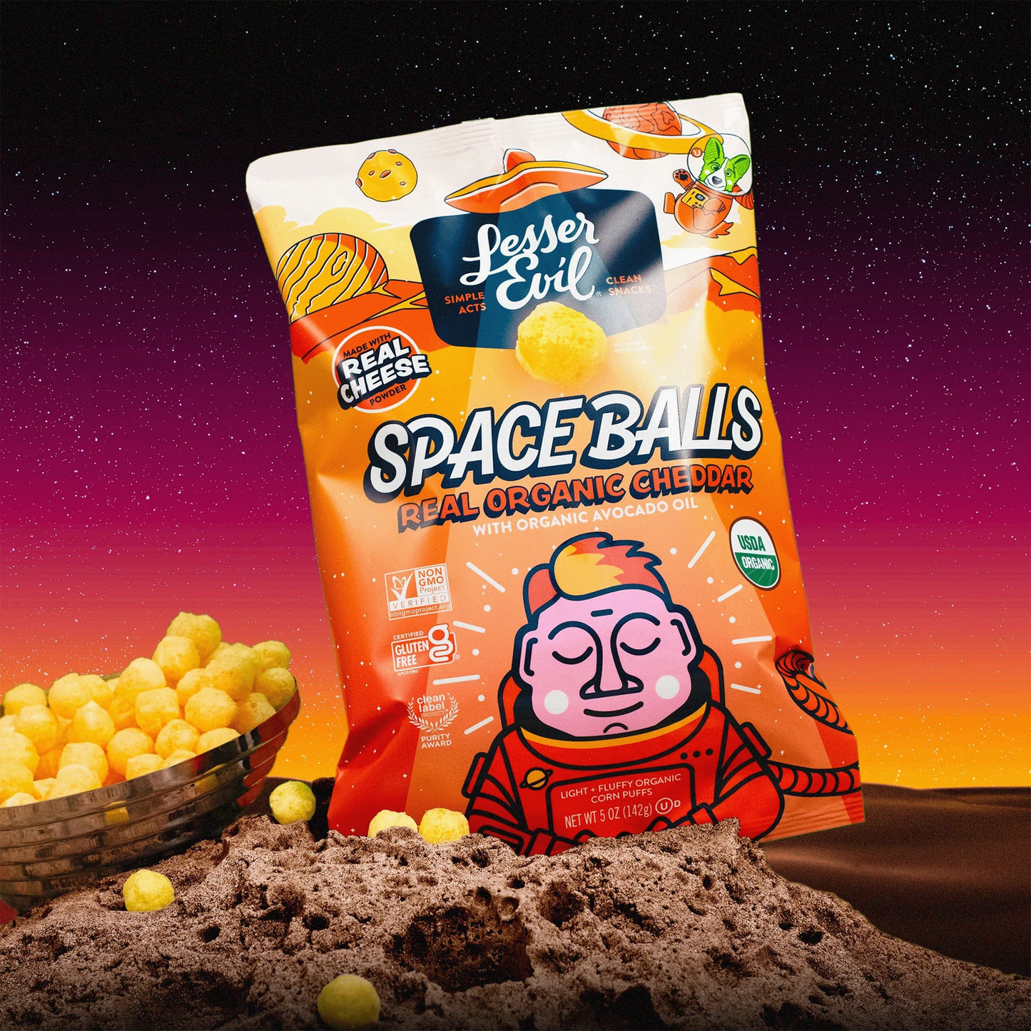 LesserEvil Space Balls, Real Organic Cheddar, 5 oz