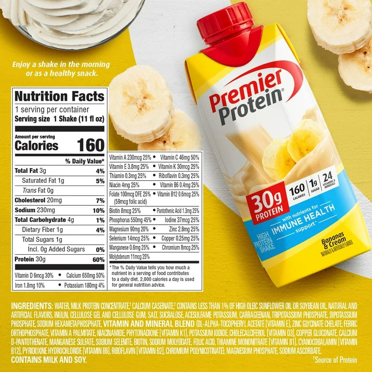 Premier Protein Shake, Bananas & Cream, 30g Protein, 11 Fl Oz, 4 Ct