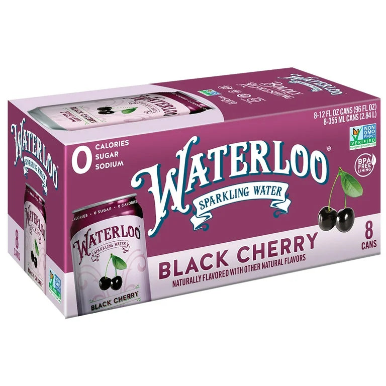 Waterloo Sparkling Water, Black Cherry, 12 fl oz, 8 Pack Cans