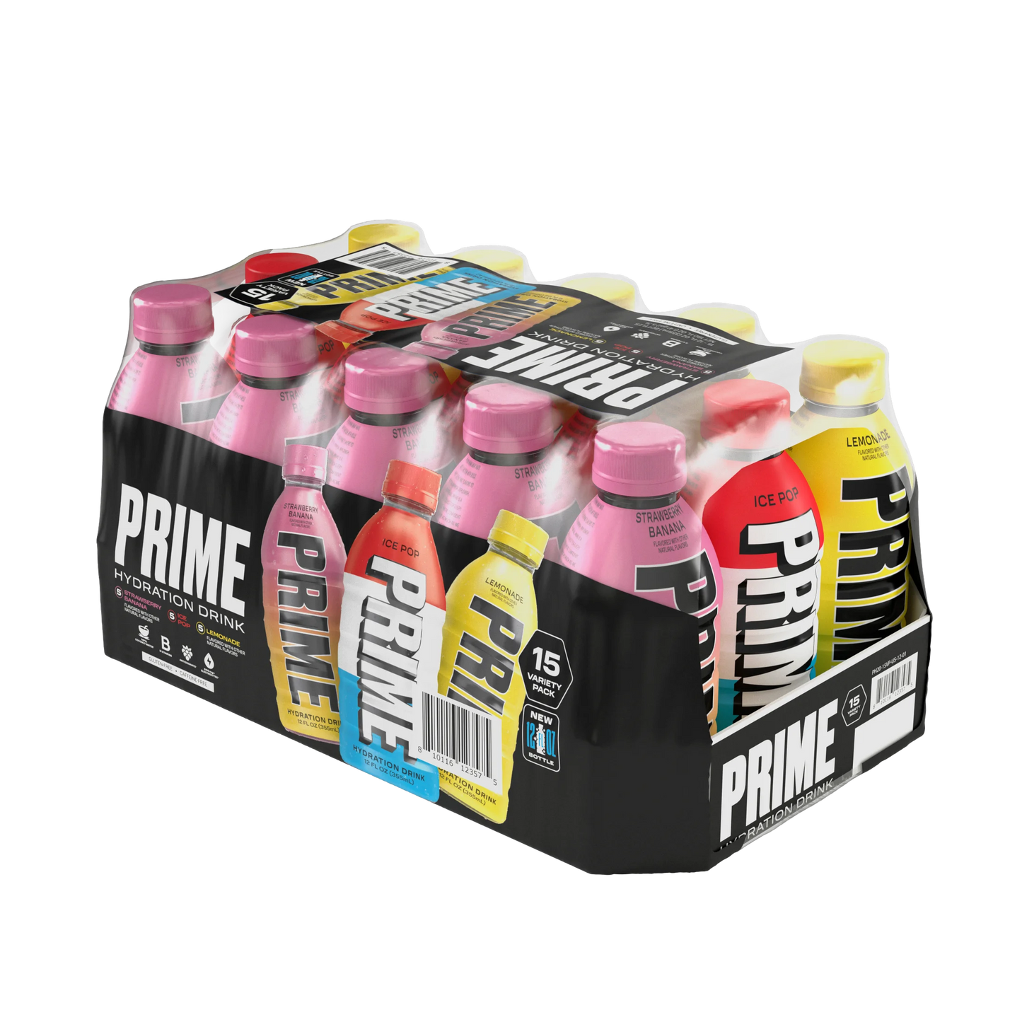 Prime Hydration Drink Variety Pack 12oz 15-pack Bottles - 5 Ice Pop, 5 Lemonade, 5 Strawberry Banana