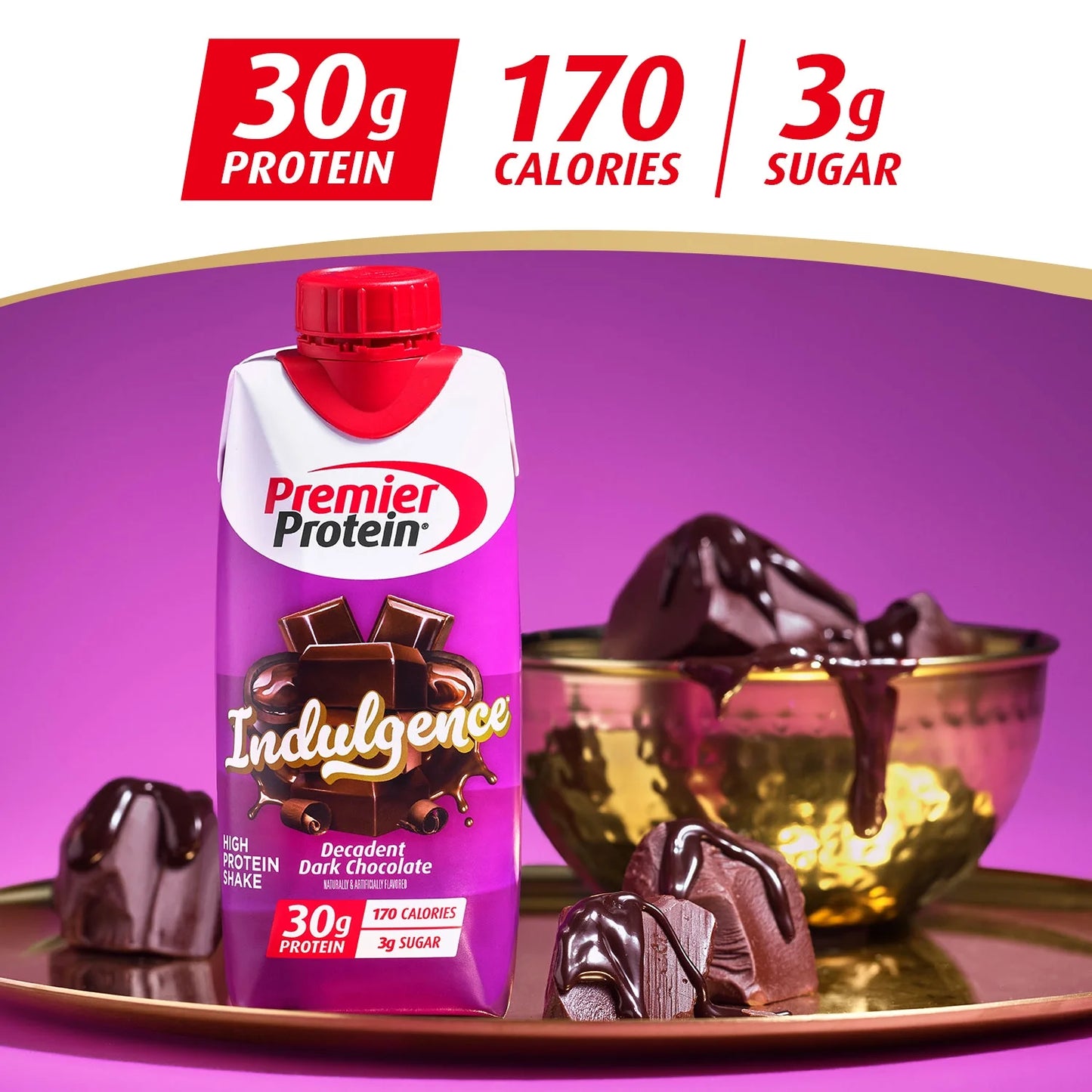 Premier Protein Indulgence Protein Shake, Decadent Dark Chocolate, 30g Protein, 11 fl oz, 4 Ct