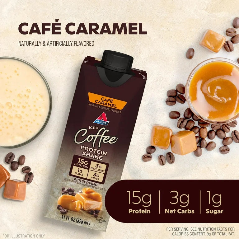 Atkins Protein Shake, Iced Coffee Café Caramel, Keto Friendly, 15g Protein, Caffeinated, 4 Count