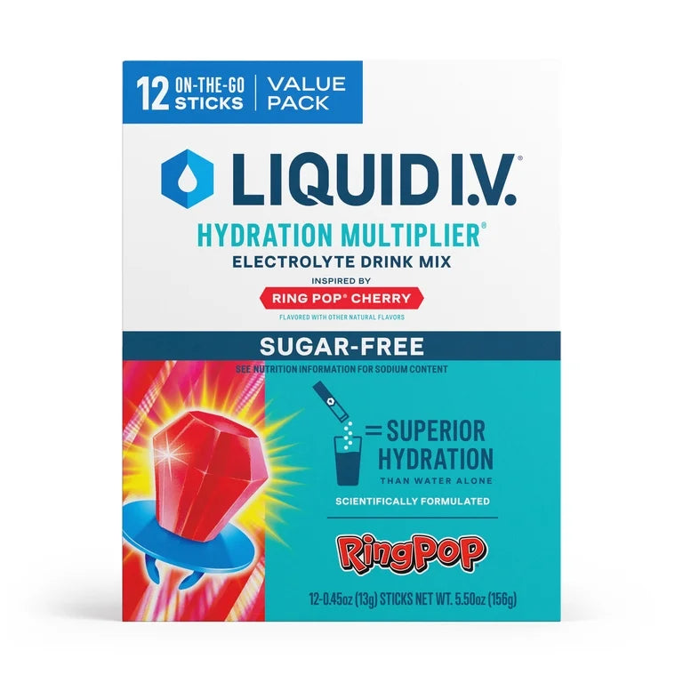 Liquid I.V. Ring Pop Cherry Sugar-Free Hydration Multiplier Powdered Electrolyte Drink Mix, 12 Count