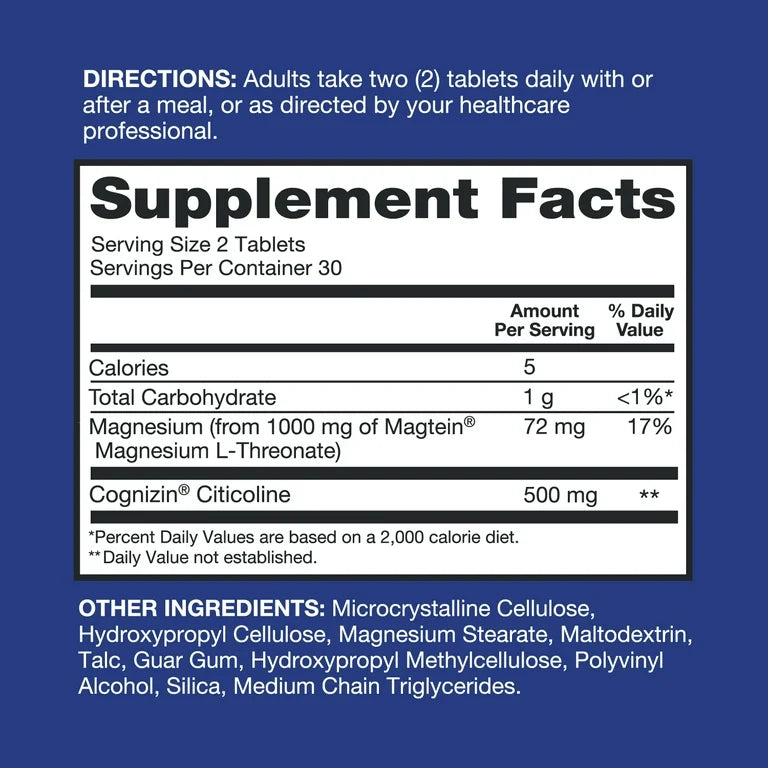 Qunol Brain Health Memory + Tablet with 1000mg of Magnesium L-Threonate, and 500mg of Citicoline, 60ct
