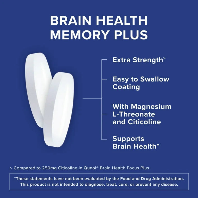 Qunol Brain Health Memory + Tablet with 1000mg of Magnesium L-Threonate, and 500mg of Citicoline, 60ct