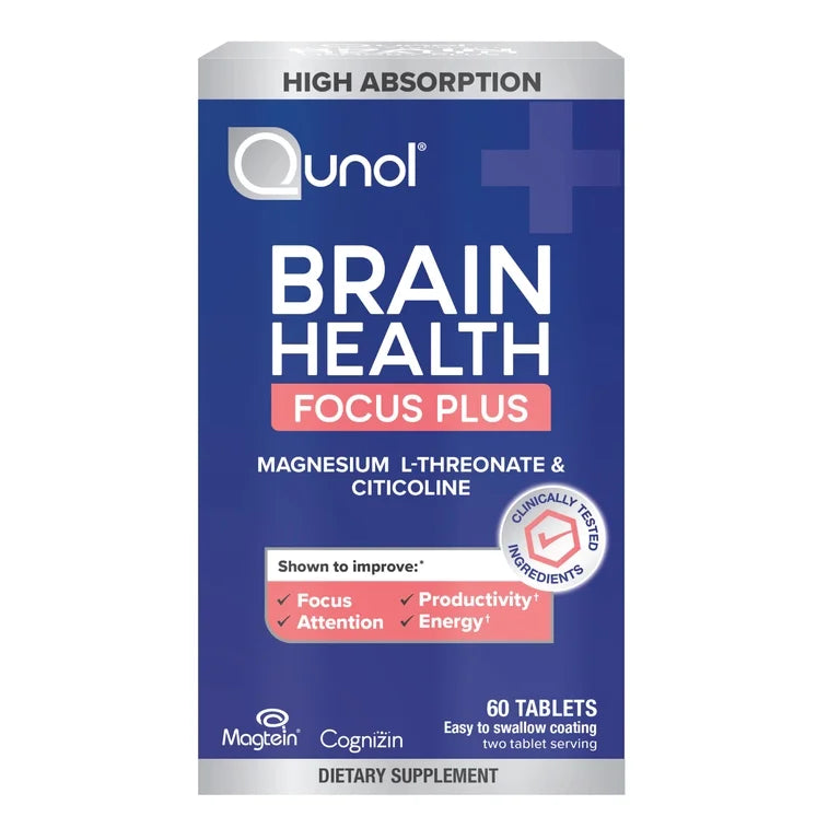 Qunol Brain Health Focus + Tablet with 1000mg Magnesium L-Threonate, 250mg Citicoline, 60ct