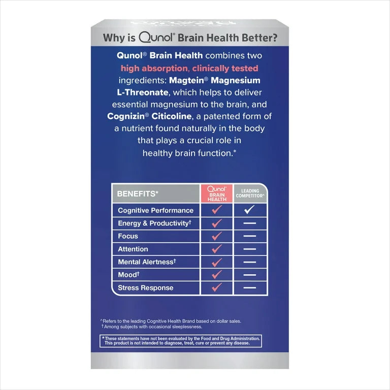 Qunol Brain Health Focus + Tablet with 1000mg Magnesium L-Threonate, 250mg Citicoline, 60ct