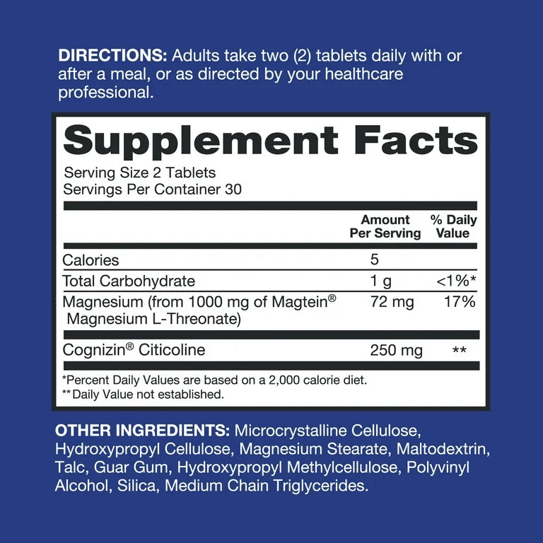 Qunol Brain Health Focus + Tablet with 1000mg Magnesium L-Threonate, 250mg Citicoline, 60ct