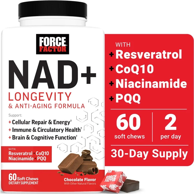 Force Factor NAD+ Longevity, Healthy Aging NAD Supplement, Resveratrol & Nicotinamide for Cellular Energy & Cognitive Health, Chocolate, 60 Soft Chews