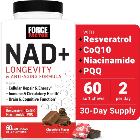 Force Factor NAD+ Longevity, Healthy Aging NAD Supplement, Resveratrol & Nicotinamide for Cellular Energy & Cognitive Health, Chocolate, 60 Soft Chews