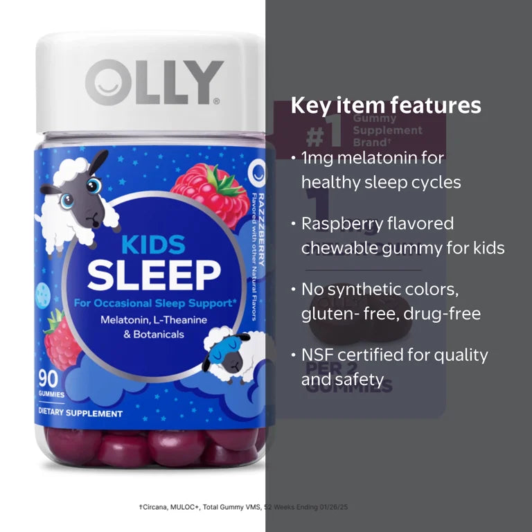 OLLY Kids Sleep Gummies Ages 4+, 1 mg Melatonin per 2 gummies serving, Occasional Sleep Support, 90 Count