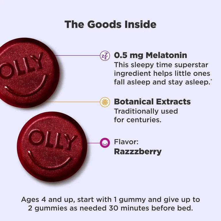 OLLY Kids Sleep Gummies Ages 4+, 1 mg Melatonin per 2 gummies serving, Occasional Sleep Support, 90 Count