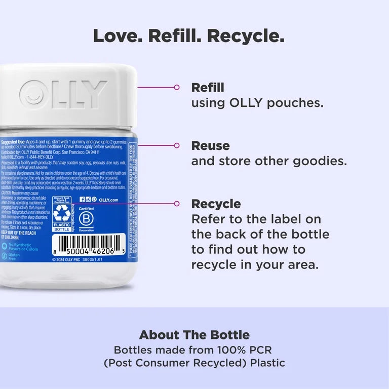 OLLY Kids Sleep Gummies Ages 4+, 1 mg Melatonin per 2 gummies serving, Occasional Sleep Support, 90 Count