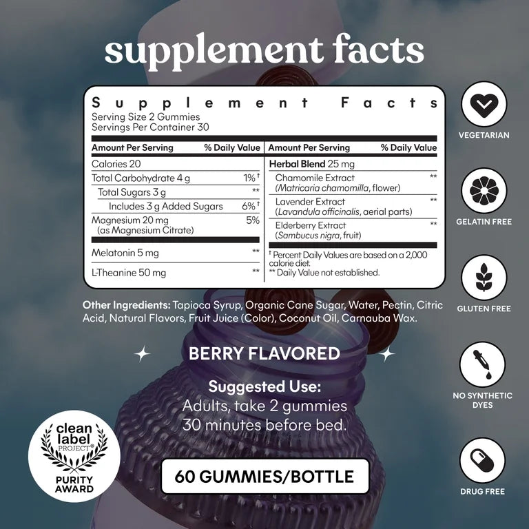 Lemme Sleep Gummies with 5mg Melatonin, Elderberry, Magnesium, L-Theanine, Chamomile and Lavender, Drug-Free Nighttime Sleep Aid, Vegan, Gluten Free, Gelatin Free, Non GMO, Berry Flavored, 60 Count
